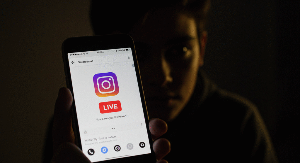 A person secretly watching an Instagram Live on their smartphone in a dimly lit room.